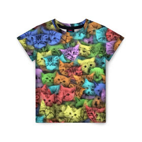 Детская футболка 3D с принтом Разноцветные коты в Курске, 100% гипоаллергенный полиэфир | прямой крой, круглый вырез горловины, длина до линии бедер, чуть спущенное плечо, ткань немного тянется | Тематика изображения на принте: котенок | котик | котята | кошка | кошки | паттерн