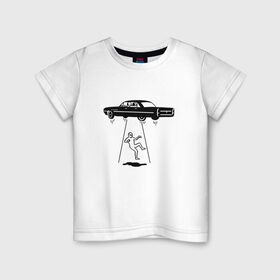 Детская футболка хлопок с принтом Похищение пришельца в Курске, 100% хлопок | круглый вырез горловины, полуприлегающий силуэт, длина до линии бедер | Тематика изображения на принте: авто | космонавт | космос | нло | пришельцы