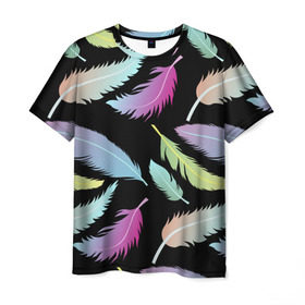 Мужская футболка 3D с принтом Радужные перья в Курске, 100% полиэфир | прямой крой, круглый вырез горловины, длина до линии бедер | арт | белый | мульт | новинки | прикольный | птица | рисунок | сова | филин | черный