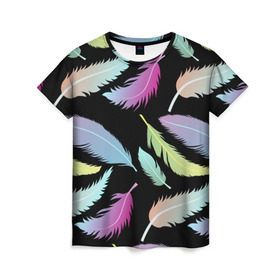 Женская футболка 3D с принтом Радужные перья в Курске, 100% полиэфир ( синтетическое хлопкоподобное полотно) | прямой крой, круглый вырез горловины, длина до линии бедер | арт | белый | мульт | новинки | прикольный | птица | рисунок | сова | филин | черный