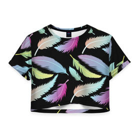 Женская футболка 3D укороченная с принтом Радужные перья в Курске, 100% полиэстер | круглая горловина, длина футболки до линии талии, рукава с отворотами | арт | белый | мульт | новинки | прикольный | птица | рисунок | сова | филин | черный