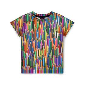 Детская футболка 3D с принтом Разноцветные карандаши в Курске, 100% гипоаллергенный полиэфир | прямой крой, круглый вырез горловины, длина до линии бедер, чуть спущенное плечо, ткань немного тянется | дизайнер | карандаш | палитра | паттерн | радуга | рисование | рисунок | художник | цвет | цветной | школа