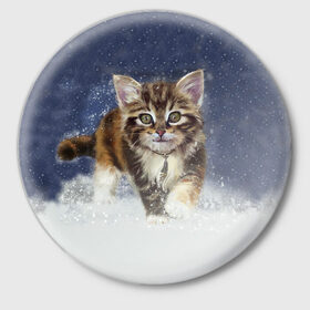 Значок с принтом Зимний котик в Курске,  металл | круглая форма, металлическая застежка в виде булавки | Тематика изображения на принте: зима | кот | котенок | кошка | новый год | снег | снежинка | снежок