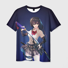 Мужская футболка 3D с принтом Anime girl в Курске, 100% полиэфир | прямой крой, круглый вырез горловины, длина до линии бедер | anime | girl | japan | katana | samurai | sword | аниме | девушка | катана | меч | оружие | самурай | япония