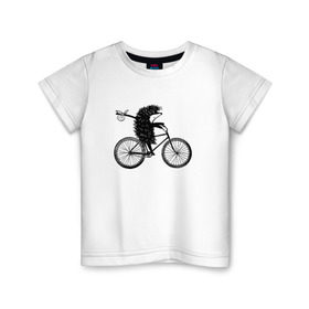 Детская футболка хлопок с принтом Ежик на велосипеде в Курске, 100% хлопок | круглый вырез горловины, полуприлегающий силуэт, длина до линии бедер | Тематика изображения на принте: велосипед | ежик