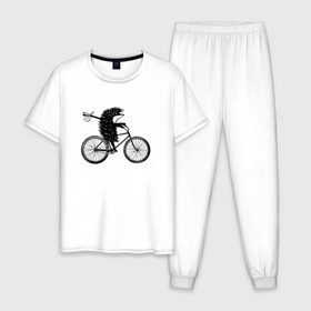 Мужская пижама хлопок с принтом Ежик на велосипеде в Курске, 100% хлопок | брюки и футболка прямого кроя, без карманов, на брюках мягкая резинка на поясе и по низу штанин
 | Тематика изображения на принте: велосипед | ежик