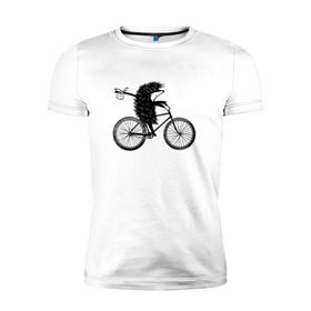 Мужская футболка премиум с принтом Ежик на велосипеде в Курске, 92% хлопок, 8% лайкра | приталенный силуэт, круглый вырез ворота, длина до линии бедра, короткий рукав | Тематика изображения на принте: велосипед | ежик
