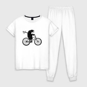 Женская пижама хлопок с принтом Ежик на велосипеде в Курске, 100% хлопок | брюки и футболка прямого кроя, без карманов, на брюках мягкая резинка на поясе и по низу штанин | Тематика изображения на принте: велосипед | ежик