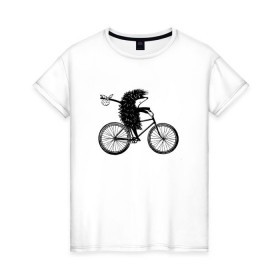 Женская футболка хлопок с принтом Ежик на велосипеде в Курске, 100% хлопок | прямой крой, круглый вырез горловины, длина до линии бедер, слегка спущенное плечо | Тематика изображения на принте: велосипед | ежик