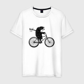 Мужская футболка хлопок с принтом Ежик на велосипеде в Курске, 100% хлопок | прямой крой, круглый вырез горловины, длина до линии бедер, слегка спущенное плечо. | Тематика изображения на принте: велосипед | ежик