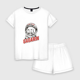Женская пижама с шортиками хлопок с принтом Будь первым как Гагарин в Курске, 100% хлопок | футболка прямого кроя, шорты свободные с широкой мягкой резинкой | best | gagarin | space | гагарин | космонавт | космос | первый | поехали | полёт | русский | ссср | юрий