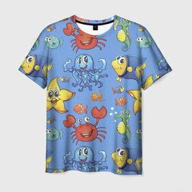 Мужская футболка 3D с принтом Морское приключения в Курске, 100% полиэфир | прямой крой, круглый вырез горловины, длина до линии бедер | конек | краб | рак | рыба