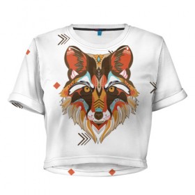 Женская футболка 3D укороченная с принтом Этнический лис в Курске, 100% полиэстер | круглая горловина, длина футболки до линии талии, рукава с отворотами | дикая | дикий | лес | лис | лиса | луна | ночь | собака | тьма