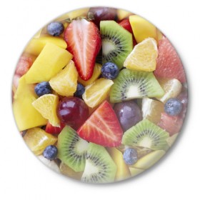 Значок с принтом Фруктовое ассорти в Курске,  металл | круглая форма, металлическая застежка в виде булавки | витамины | еда | клубника | лимон | малина | овощи | фрукты | цвета | яблоко | яркие
