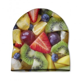 Шапка 3D с принтом Фруктовое ассорти в Курске, 100% полиэстер | универсальный размер, печать по всей поверхности изделия | витамины | еда | клубника | лимон | малина | овощи | фрукты | цвета | яблоко | яркие
