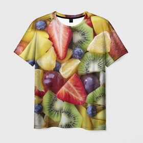 Мужская футболка 3D с принтом Фруктовое ассорти в Курске, 100% полиэфир | прямой крой, круглый вырез горловины, длина до линии бедер | витамины | еда | клубника | лимон | малина | овощи | фрукты | цвета | яблоко | яркие