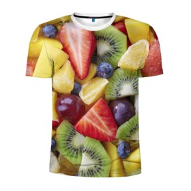 Мужская футболка 3D спортивная с принтом Фруктовое ассорти в Курске, 100% полиэстер с улучшенными характеристиками | приталенный силуэт, круглая горловина, широкие плечи, сужается к линии бедра | витамины | еда | клубника | лимон | малина | овощи | фрукты | цвета | яблоко | яркие