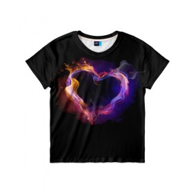 Детская футболка 3D с принтом Огненное сердце в Курске, 100% гипоаллергенный полиэфир | прямой крой, круглый вырез горловины, длина до линии бедер, чуть спущенное плечо, ткань немного тянется | любовь | огонь | сердце