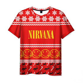 Мужская футболка 3D с принтом Праздничный Nirvana в Курске, 100% полиэфир | прямой крой, круглый вырез горловины, длина до линии бедер | Тематика изображения на принте: cobain | kurt | nirvana | альтернативный | гранж | группа | дональд | знак | кобейн | красный | курт | музыка | музыкант | надпись | нервана | нирвана | новогодний | новоселич | новый год | певец | праздник