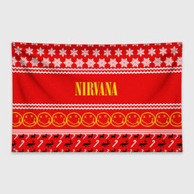 Флаг-баннер с принтом Праздничный Nirvana в Курске, 100% полиэстер | размер 67 х 109 см, плотность ткани — 95 г/м2; по краям флага есть четыре люверса для крепления | cobain | kurt | nirvana | альтернативный | гранж | группа | дональд | знак | кобейн | красный | курт | музыка | музыкант | надпись | нервана | нирвана | новогодний | новоселич | новый год | певец | праздник