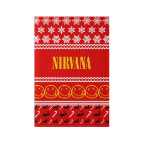 Обложка для паспорта матовая кожа с принтом Праздничный Nirvana в Курске, натуральная матовая кожа | размер 19,3 х 13,7 см; прозрачные пластиковые крепления | cobain | kurt | nirvana | альтернативный | гранж | группа | дональд | знак | кобейн | красный | курт | музыка | музыкант | надпись | нервана | нирвана | новогодний | новоселич | новый год | певец | праздник