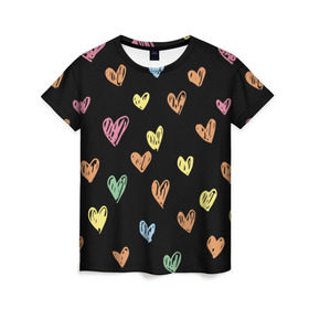 Женская футболка 3D с принтом Разноцветные сердечки в Курске, 100% полиэфир ( синтетическое хлопкоподобное полотно) | прямой крой, круглый вырез горловины, длина до линии бедер | Тематика изображения на принте: 14 | love | валентин | губы | день | любовь | подарок | поцелуй | сердце | страсть | февраль