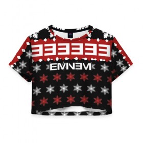 Женская футболка 3D укороченная с принтом Праздничный Eminem в Курске, 100% полиэстер | круглая горловина, длина футболки до линии талии, рукава с отворотами | hip hop | hiphop | mc | rap | брюс | еменем | еминем | зачитал | знак | красный | маршалл | мс | мэтерс | надпись | новогодний | новый год | праздник | реп | репер | речитатив | рождество | рэп | рэпер | снежинки | хип