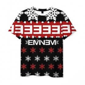 Мужская футболка 3D с принтом Праздничный Eminem в Курске, 100% полиэфир | прямой крой, круглый вырез горловины, длина до линии бедер | hip hop | hiphop | mc | rap | брюс | еменем | еминем | зачитал | знак | красный | маршалл | мс | мэтерс | надпись | новогодний | новый год | праздник | реп | репер | речитатив | рождество | рэп | рэпер | снежинки | хип