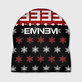 Шапка 3D с принтом Праздничный Eminem в Курске, 100% полиэстер | универсальный размер, печать по всей поверхности изделия | hip hop | hiphop | mc | rap | брюс | еменем | еминем | зачитал | знак | красный | маршалл | мс | мэтерс | надпись | новогодний | новый год | праздник | реп | репер | речитатив | рождество | рэп | рэпер | снежинки | хип