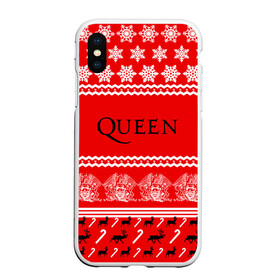 Чехол для iPhone XS Max матовый с принтом Праздничный Queen в Курске, Силикон | Область печати: задняя сторона чехла, без боковых панелей | Тематика изображения на принте: paul rodg | queen | quen | брайан мэй | глэм | группа | джон дикон | знак | квин | королева | красный | куин | меркури | меркьюри | мэркури | надпись | новогодний | новый год | поп | праздник | роджер тейлор