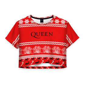 Женская футболка 3D укороченная с принтом Праздничный Queen в Курске, 100% полиэстер | круглая горловина, длина футболки до линии талии, рукава с отворотами | paul rodg | queen | quen | брайан мэй | глэм | группа | джон дикон | знак | квин | королева | красный | куин | меркури | меркьюри | мэркури | надпись | новогодний | новый год | поп | праздник | роджер тейлор