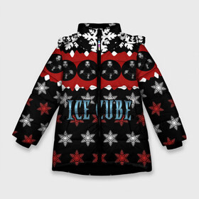 Зимняя куртка для девочек 3D с принтом Праздничный Ice Cube в Курске, ткань верха — 100% полиэстер; подклад — 100% полиэстер, утеплитель — 100% полиэстер. | длина ниже бедра, удлиненная спинка, воротник стойка и отстегивающийся капюшон. Есть боковые карманы с листочкой на кнопках, утяжки по низу изделия и внутренний карман на молнии. 

Предусмотрены светоотражающий принт на спинке, радужный светоотражающий элемент на пуллере молнии и на резинке для утяжки. | hip hop | hiphop | ice cube | mc | n.w.a | rap | айс | джексон | западное по | знак | красный | куб | кубе | кубик льда | кьюб | мс | надпись | новогодний | новый год | о ши | оши | праздник | реп | репер | речитатив | рождество