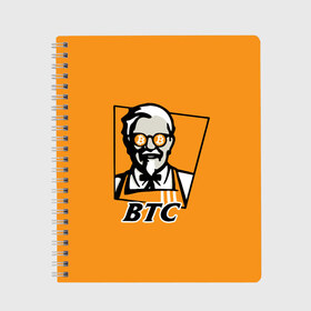 Тетрадь с принтом BITCOIN в стиле KFC в Курске, 100% бумага | 48 листов, плотность листов — 60 г/м2, плотность картонной обложки — 250 г/м2. Листы скреплены сбоку удобной пружинной спиралью. Уголки страниц и обложки скругленные. Цвет линий — светло-серый
 | bitcoin | btc | crypto | kfc | биткоин | валюта | деньги | криптовалюта | цифровое золото