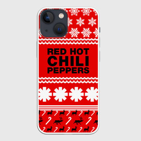 Чехол для iPhone 13 mini с принтом Праздничный RHCP в Курске,  |  | Тематика изображения на принте: red hot chili peppers | rhcp | альтернативный | группа | джош клингхоффер | знак | красные острые перцы чили | красный | метал | надпись | новогодний | новый год | праздник | ред хот ч | рождество | рок | рхчп | рэп