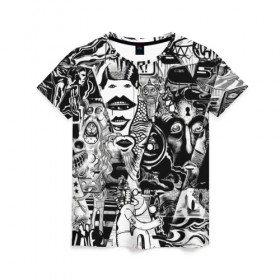 Женская футболка 3D с принтом Стикербомбинг NEW искусство в Курске, 100% полиэфир ( синтетическое хлопкоподобное полотно) | прямой крой, круглый вырез горловины, длина до линии бедер | искусство | стикер | стикербомбинг | чб | чернобелый