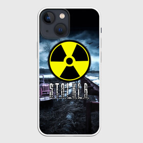 Чехол для iPhone 13 mini с принтом S.T.A.L.K.E.R. в Курске,  |  | stalker | буквы | волки | грузовик | зил | знак | игра | ммо | мрак | мрачный | надпись | опасность | припять | птицы | радиация | рпг | сталкер | фон | чернобыль | шутер