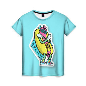 Женская футболка 3D с принтом Хот-Дог в Курске, 100% полиэфир ( синтетическое хлопкоподобное полотно) | прямой крой, круглый вырез горловины, длина до линии бедер | 90s style | food | hot dog | pop art | style | еда | поп арт | стиль 90 х | хот дог