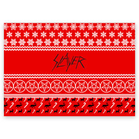 Поздравительная открытка с принтом Праздничный Slayer в Курске, 100% бумага | плотность бумаги 280 г/м2, матовая, на обратной стороне линовка и место для марки
 | slayer | группа | гэри холт | знак | керри кинг | красный | метал | музыка | надпись | новогодний | новый год | песни | пол бостаф | праздник | рождество | рок | слаер | слайер | слеар | слеер | слейр | слеяр