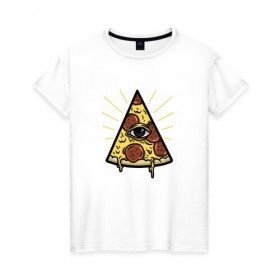 Женская футболка хлопок с принтом Божественная пицца в Курске, 100% хлопок | прямой крой, круглый вырез горловины, длина до линии бедер, слегка спущенное плечо | вкусняшка | глаз | еда | пицца | фаст фуд | хавчик
