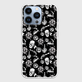 Чехол для iPhone 13 Pro с принтом Pirates Pattern в Курске,  |  | паттерн | пиратский | пираты | черно белый