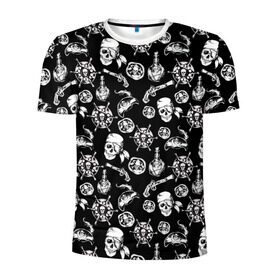 Мужская футболка 3D спортивная с принтом Pirates Pattern в Курске, 100% полиэстер с улучшенными характеристиками | приталенный силуэт, круглая горловина, широкие плечи, сужается к линии бедра | паттерн | пиратский | пираты | черно белый
