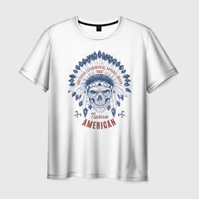 Мужская футболка 3D с принтом Native American в Курске, 100% полиэфир | прямой крой, круглый вырез горловины, длина до линии бедер | america | chieftain | feathers | indian | native american | skeleton | skull | tattoo | америка | американец | вождь | индеец | перья | скелет | тату | череп