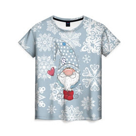Женская футболка 3D с принтом Милый гномик в Курске, 100% полиэфир ( синтетическое хлопкоподобное полотно) | прямой крой, круглый вырез горловины, длина до линии бедер | happy new year | волшебство | гном | гномик | новый год | снег | снежинки