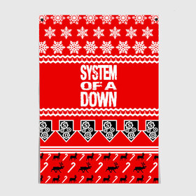 Постер с принтом Праздничный System of a Down в Курске, 100% бумага
 | бумага, плотность 150 мг. Матовая, но за счет высокого коэффициента гладкости имеет небольшой блеск и дает на свету блики, но в отличии от глянцевой бумаги не покрыта лаком | soad | soil | system of a down | группа | дав | дарон малакян | джон долмаян | знак | красный | надпись | новогодний | новый год | оф | праздник | рождество | рок | серж танкян | систем | снежинки | соад | сод | соэд