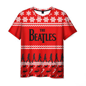 Мужская футболка 3D с принтом Праздничный The Beatles в Курске, 100% полиэфир | прямой крой, круглый вырез горловины, длина до линии бедер | beatles | the beatles | бител | битлз | битлс | битлы | группа | джон леннон | джордж харрисон | жуки | знак | красный | ливерпульская четвёрка | мерсибит | надпись | новогодний | новый год | пол маккартни | поп