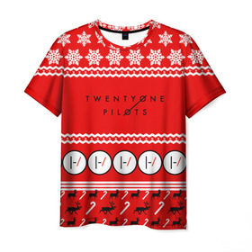 Мужская футболка 3D с принтом Праздничный Twenty One Pilots в Курске, 100% полиэфир | прямой крой, круглый вырез горловины, длина до линии бедер | Тематика изображения на принте: 21 pilots | красный | новогодний | рождество | снежинки