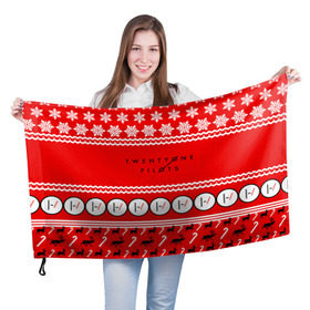 Флаг 3D с принтом Праздничный Twenty One Pilots в Курске, 100% полиэстер | плотность ткани — 95 г/м2, размер — 67 х 109 см. Принт наносится с одной стороны | 21 pilots | красный | новогодний | рождество | снежинки