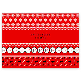 Поздравительная открытка с принтом Праздничный Twenty One Pilots в Курске, 100% бумага | плотность бумаги 280 г/м2, матовая, на обратной стороне линовка и место для марки
 | Тематика изображения на принте: 21 pilots | красный | новогодний | рождество | снежинки