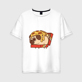 Женская футболка хлопок Oversize с принтом мопс-пицца в Курске, 100% хлопок | свободный крой, круглый ворот, спущенный рукав, длина до линии бедер
 | Тематика изображения на принте: pug | мопс
