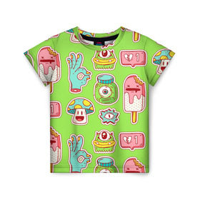 Детская футболка 3D с принтом Страшилки монстрики в Курске, 100% гипоаллергенный полиэфир | прямой крой, круглый вырез горловины, длина до линии бедер, чуть спущенное плечо, ткань немного тянется | глаз | монстр | мороженое | мультик | приведение | розовый | ужасы | улыбка | цветная